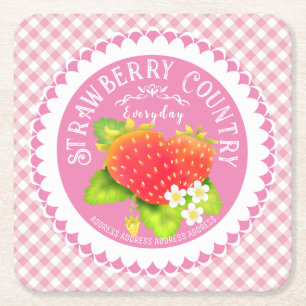 Strawberry Doilies Pink Gingham Rechteckiger Pappuntersetzer