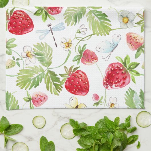 Strawberry Dragonfly Butterfly Weiße Blume Geschirrtuch (Gefaltet)