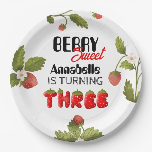 Strawberry Dritter Geburtstag Pappteller (Vorderseite)