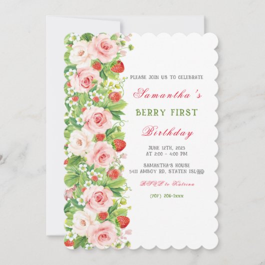 Strawberry Einladung zum ersten Geburtstag (Vorderseite)