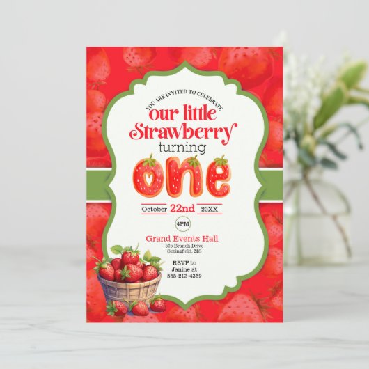 Strawberry Einladung zum ersten Geburtstag (Stehend Vorderseite)