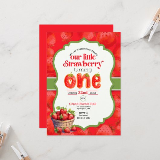 Strawberry Einladung zum ersten Geburtstag (Vorderseite/Rückseite Beispiel)