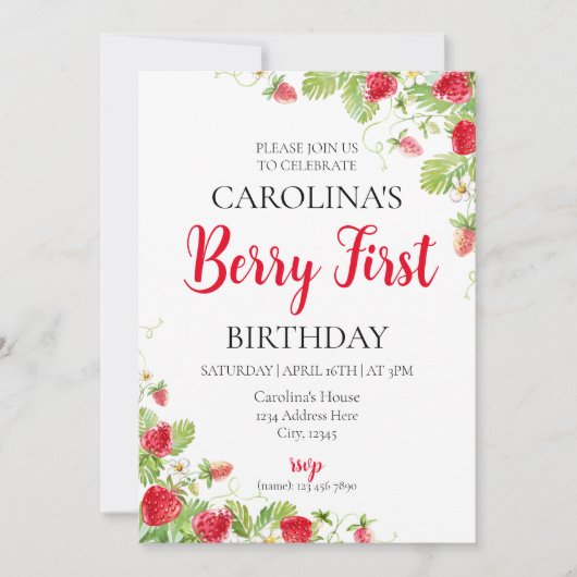 Strawberry Einladung zum ersten Geburtstag (Vorderseite)