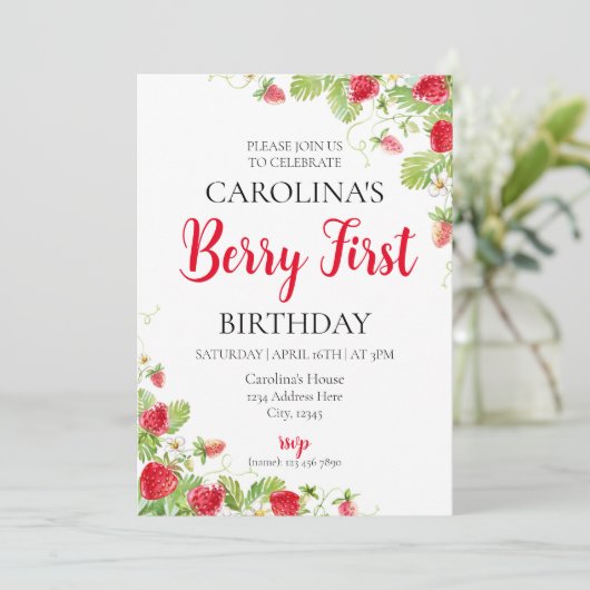 Strawberry Einladung zum ersten Geburtstag (Stehend Vorderseite)