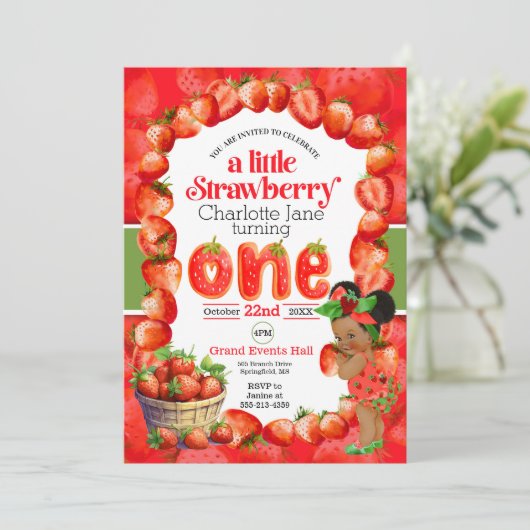 Strawberry Einladung zum ersten Geburtstag (Stehend Vorderseite)