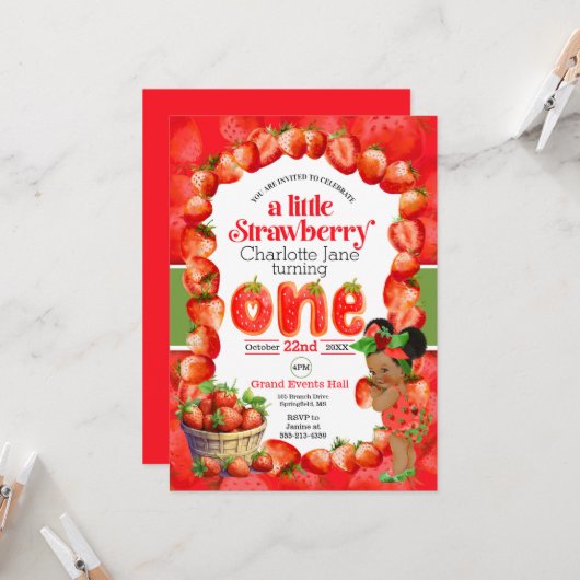 Strawberry Einladung zum ersten Geburtstag (Vorderseite/Rückseite Beispiel)