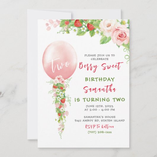 Strawberry Einladung zum ersten Geburtstag (Vorderseite)