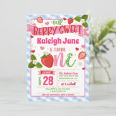 Strawberry Einladung zum ersten Geburtstag - Blau (Stehend Vorderseite)