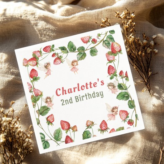 Strawberry enchanted fairy garden birthday serviette