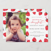 Strawberry Erster Geburtstag Foto Einladung (Vorne/Hinten)