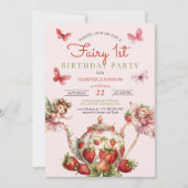 Strawberry Fairy 1. Teapot 1. Geburtstag Einladung (Vorderseite)