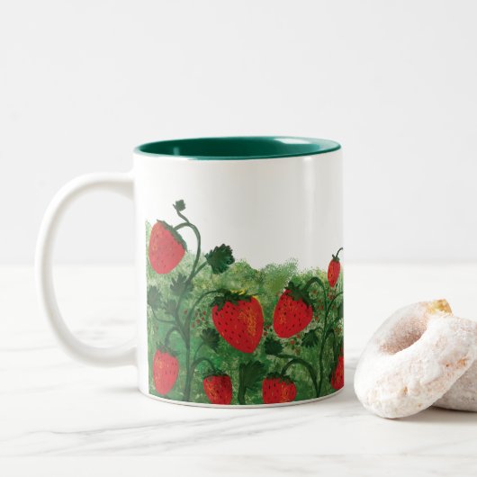 Strawberry Field Watercolor Illustration Zweifarbige Tasse (Mit Donut)