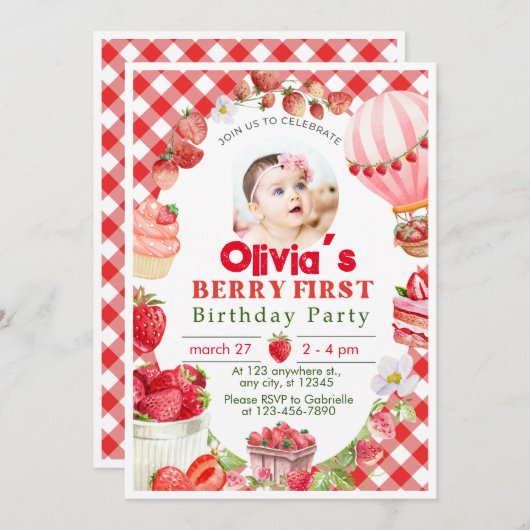 Strawberry First Berry 1. Geburtstag Einladung (Vorne/Hinten)