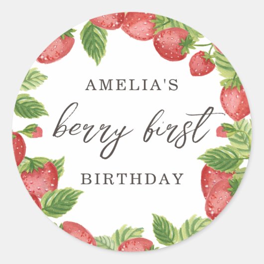 Strawberry First Birthday 1. Berry Sweet Favor Runder Aufkleber (Vorderseite)