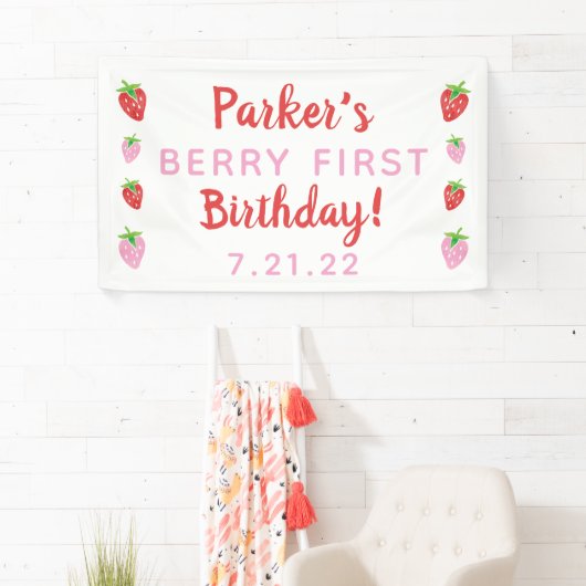 Strawberry First Birthday Banner Berry mit Datum (Insitu)
