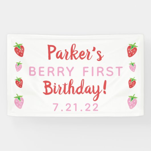 Strawberry First Birthday Banner Berry mit Datum (Horizontal)