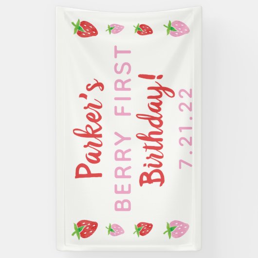 Strawberry First Birthday Banner Berry mit Datum (Vertikal)