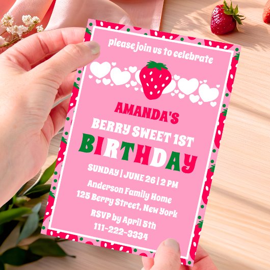 Strawberry First Birthday Celebration Invitation Einladung