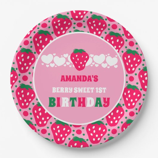 Strawberry First Birthday Celebration Pappteller (Vorderseite)