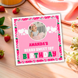 Strawberry First Birthday Celebration Photo Serviette
