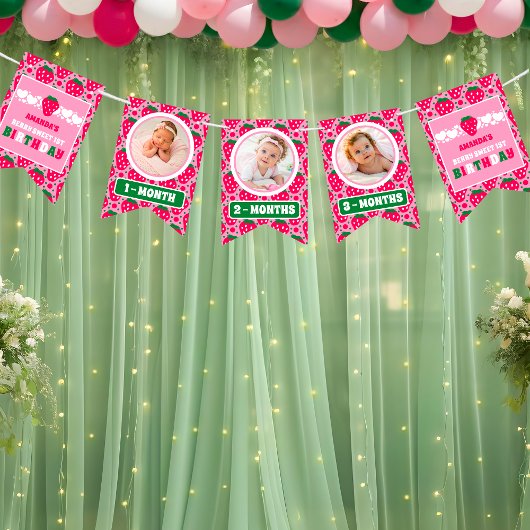 Strawberry First Birthday Celebration Photo Wimpelkette