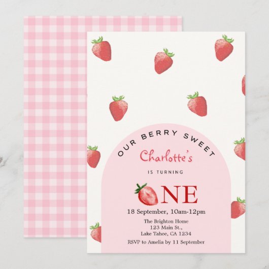 Strawberry First Birthday Einladung (Vorne/Hinten)