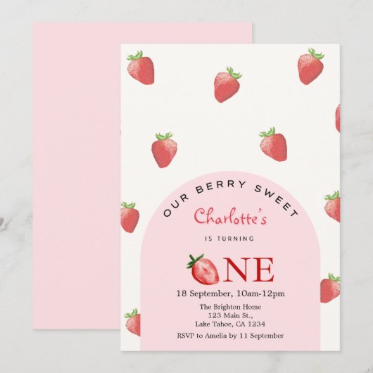 Strawberry First Birthday Einladung (Vorne/Hinten)