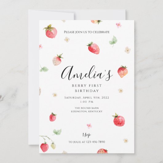 Strawberry First Birthday Einladung (Vorderseite)