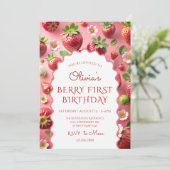 Strawberry First Birthday Einladung (Stehend Vorderseite)