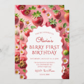 Strawberry First Birthday Einladung (Vorne/Hinten)