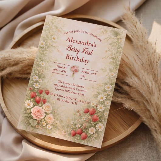 Strawberry First Birthday Garden Party 1st Birthda Einladung