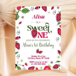 Strawberry First Birthday Girl Einladung
