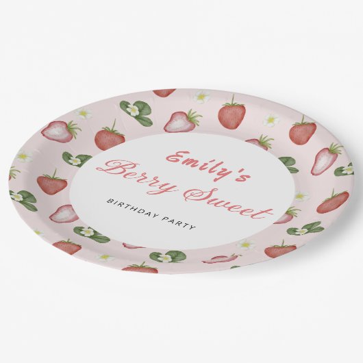 Strawberry First Birthday Girl Party Pappteller (Schrägansicht)