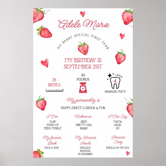 Strawberry First Birthday Milestone Poster (Vorne)