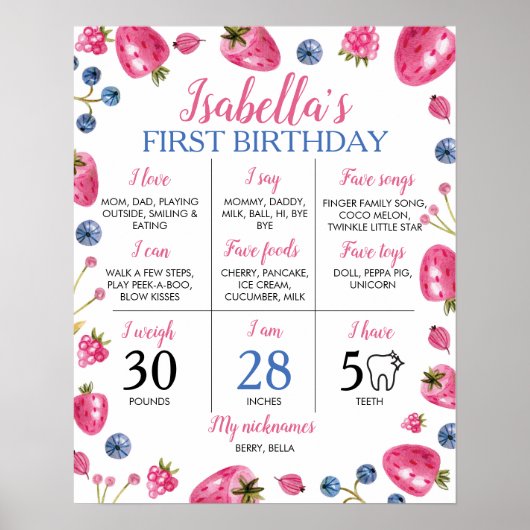 Strawberry First Birthday Milestone Sign Poster (Vorne)