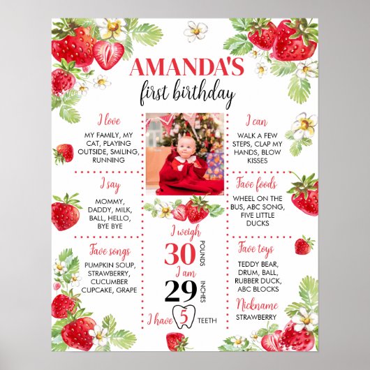 Strawberry First Birthday Milestone Sign Poster (Vorne)