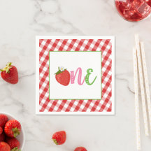 Strawberry First Birthday Napkin - ONE