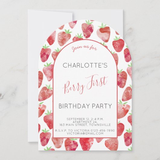 Strawberry First Birthday Party Arch Einladung (Vorderseite)