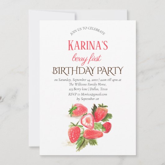 Strawberry First Birthday Party Berry 1. Einladung (Vorderseite)