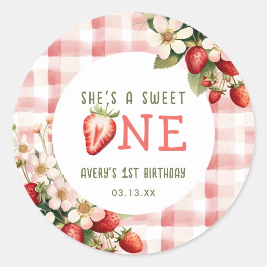 Strawberry First Birthday Party Berry Runder Aufkleber (Vorderseite)