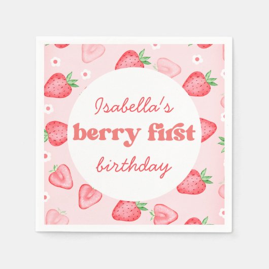 Strawberry First Birthday Party Serviette (Vorderseite)