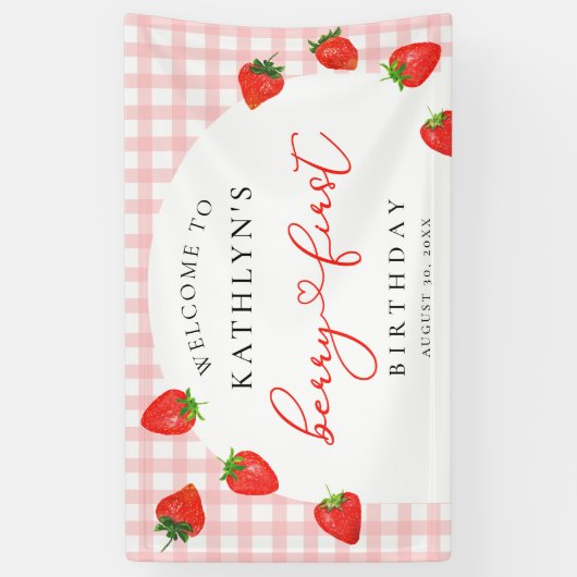 Strawberry First Birthday Pink Berry Willkommen Banner (Vertikal)