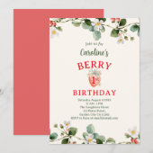 Strawberry Floral First Girls Birthday Einladung (Vorne/Hinten)