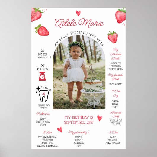 Strawberry Foto Erster Geburtstag Meilenstein Poster (Vorne)