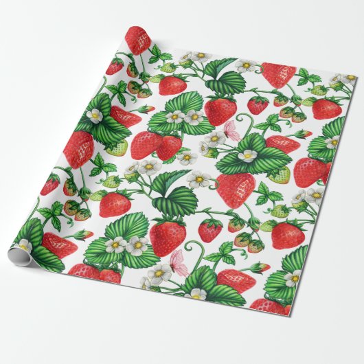 Strawberry Fruit and Strawberry Blossom Lebendig Geschenkpapier (Ungerollt)