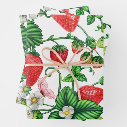 Strawberry Fruit and Strawberry Blossom Lebendig Geschenkpapier Set (Beispiel)