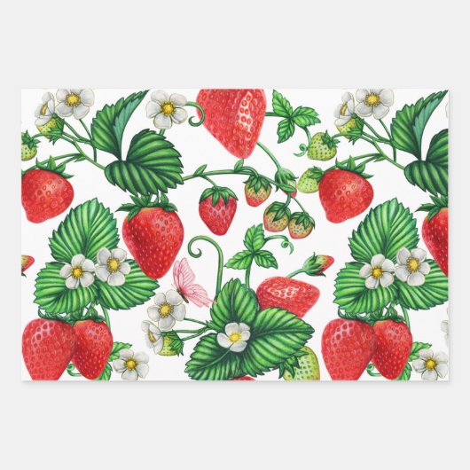 Strawberry Fruit and Strawberry Blossom Lebendig Geschenkpapier Set (Vorderseite)