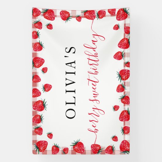 Strawberry Gingham Birthday Party Große Banner (Vertikal)