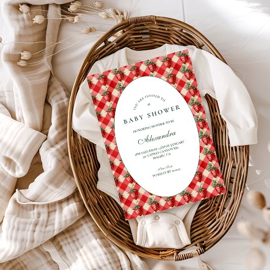 Strawberry Gingham Cottage Baby Shower Einladung