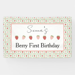 Strawberry Gingham First Birthday Party Banner